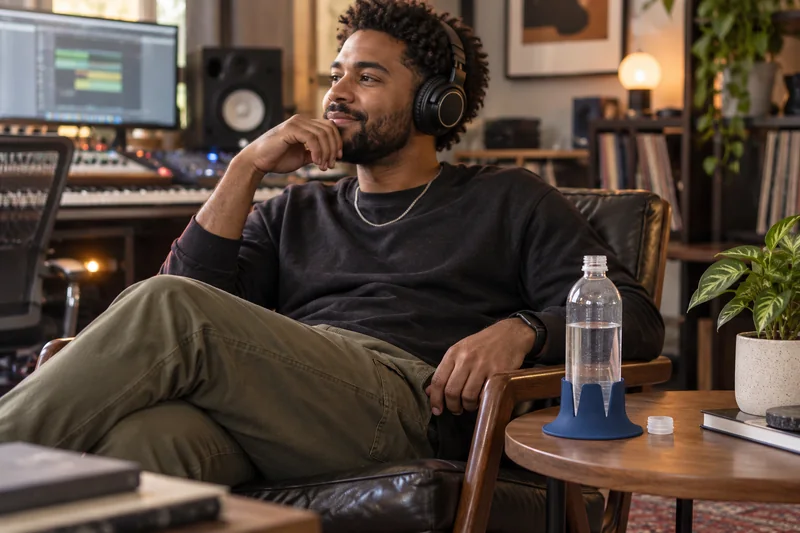 Music producer seated taking a break with water on separate side table well away from mixing console cables and power. AI lifestyle illustration.