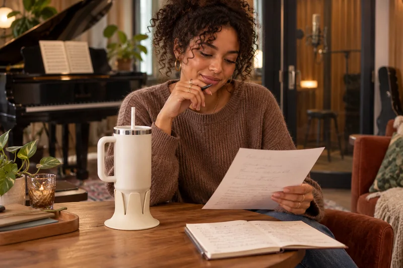 Singer reading lyrics at small lounge table outside recording booth piano in background. AI lifestyle illustration.