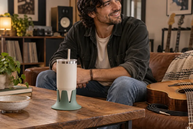 Guitarist taking seated studio lounge break soda on broad table outside instrument and cable zones. AI lifestyle illustration.