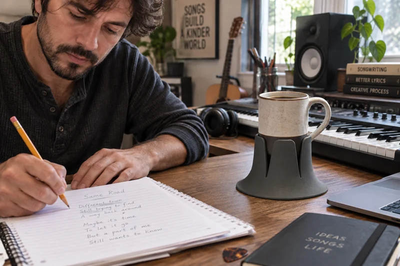 Adult songwriter marking lyric sheet at home studio desk with open high-handled coffee mug in Steadi on clear studio desk area separated from keyboard and lyric pages. AI illustration.