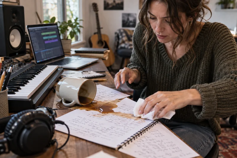 Reaching for pencil catches coffee; it stains handwritten lyrics beside MIDI keyboard. AI illustration.